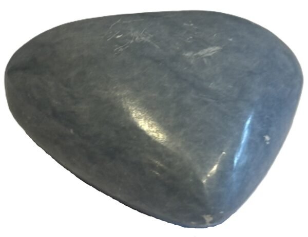 Polished natural angelite carved heart crystal 3 sians emporium Smooth polished blue angelite carved heart crystal showing natural white mineral flecks on a white background